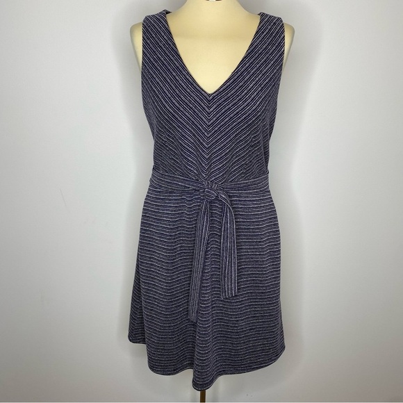 Loft Navy White Striped Textured Tie Waist Pocket Dress - Picture 2 of 11